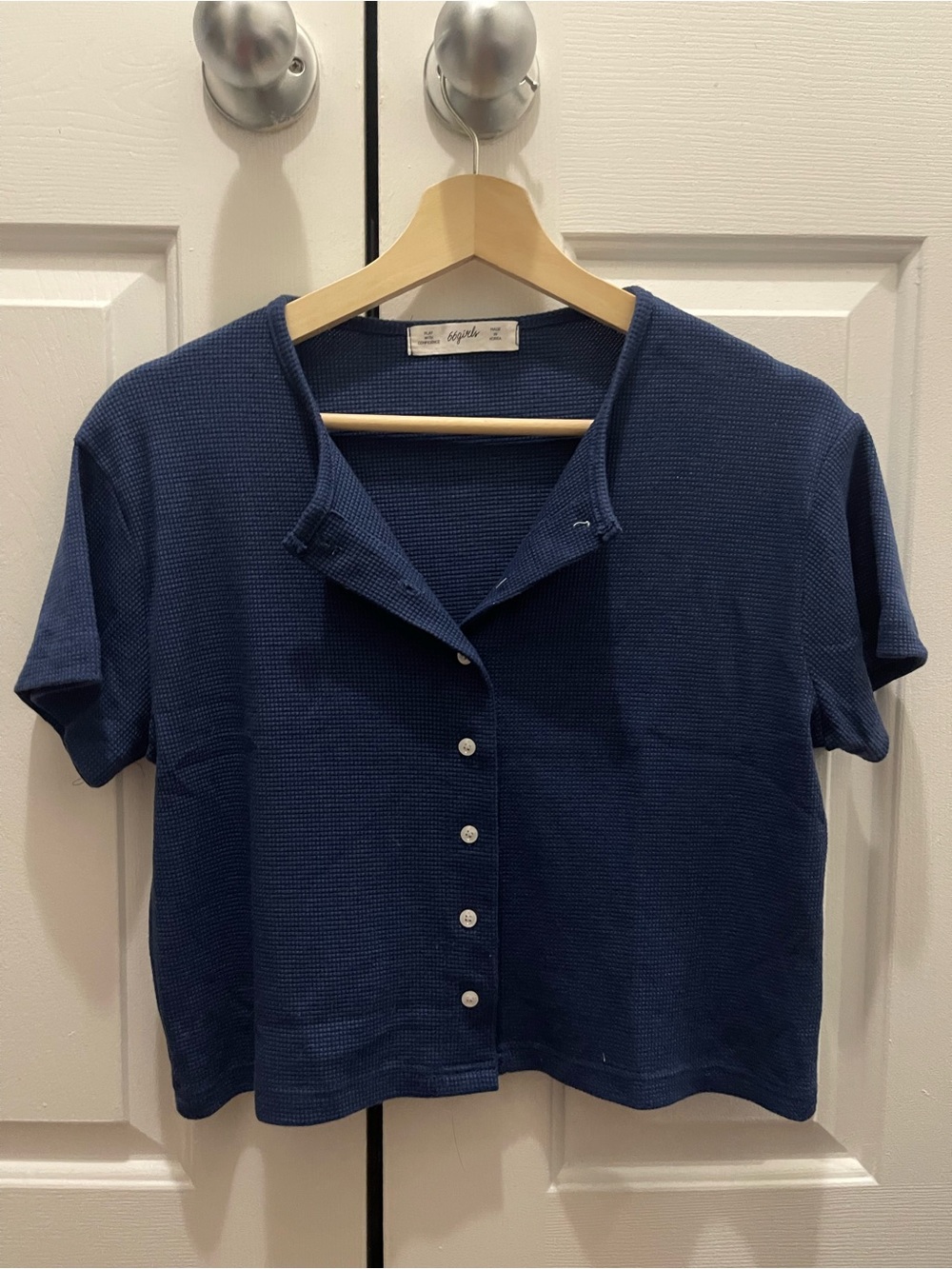 Apostrophe Navy Short-Sleeve Button-Down Knit Top